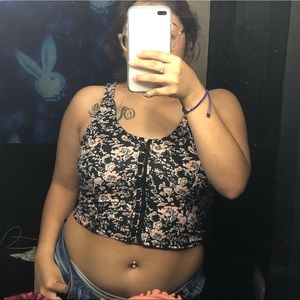 Black Crop top with Pink Flowers